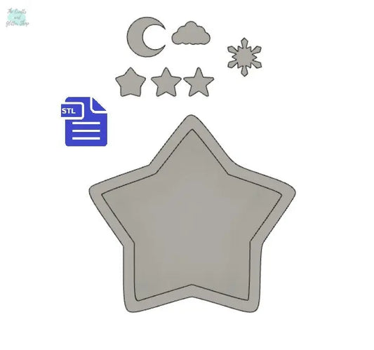 Star shaker with bits STL File - for 3D printing - FILE ONLY - includes crescent moon, stars, cloud and snow flake shaker bits