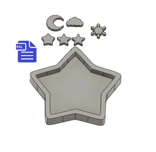 Star shaker with bits STL File - for 3D printing - FILE ONLY - includes crescent moon, stars, cloud and snow flake shaker bits - The Crafts and Glitter Shop
