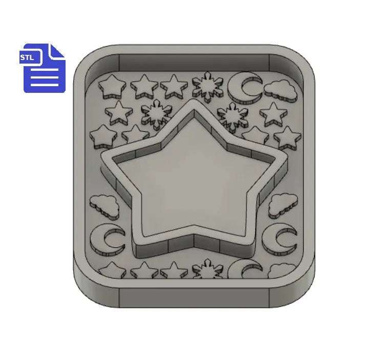 Star shaker with bits STL File - for 3D printing - FILE ONLY - with tray to make silicone molds - cloud, moon, stars, snowflake shaker bits