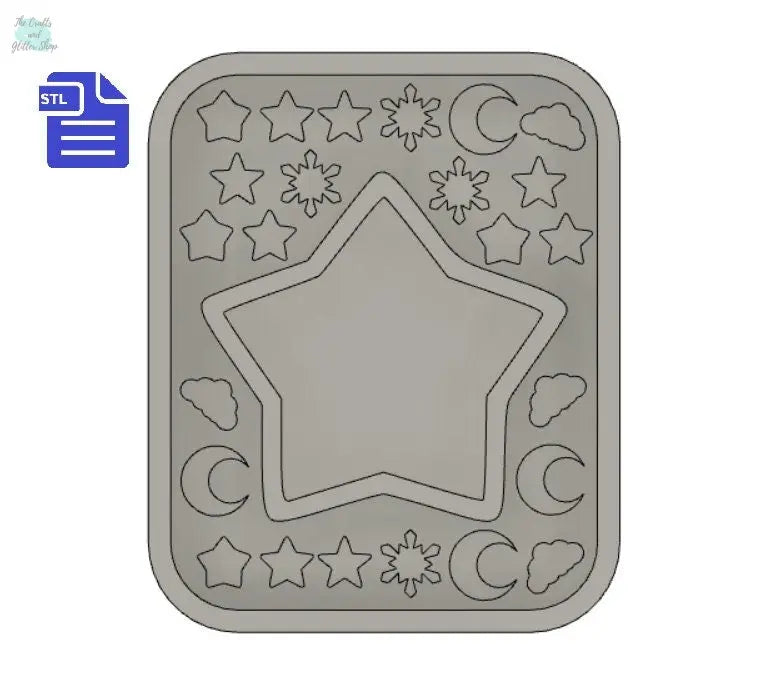 Star shaker with bits STL File - for 3D printing - FILE ONLY - with tray to make silicone molds - cloud, moon, stars, snowflake shaker bits - The Crafts and Glitter Shop