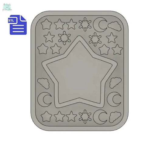 Star shaker with bits STL File - for 3D printing - FILE ONLY - with tray to make silicone molds - cloud, moon, stars, snowflake shaker bits - The Crafts and Glitter Shop