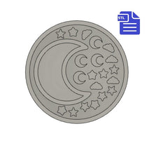 Load image into Gallery viewer, Moon Shaker with bits STL File - for 3D printing - FILE ONLY - with tray to make silicone molds - crescent moon, stars and cloud shaker bits