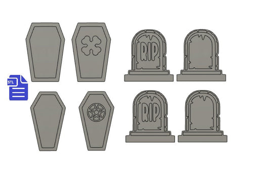 Coffin Shakers & Tombstones set STL File - for 3D printing - FILE ONLY