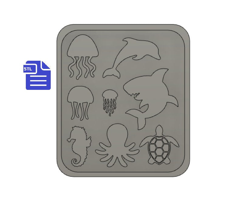 Sea-life STL File - 3D printing - FILE ONLY - with tray for silicone mold making - includes jellyfish shark dolphin seahorse octopus turtle