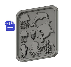 Sea-life STL File - 3D printing - FILE ONLY - with tray for silicone mold making - includes jellyfish shark dolphin seahorse octopus turtle