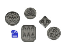 Load image into Gallery viewer, Wiccan symbols set STL File - for 3D printing - FILE ONLY - designs include tray for silicone mold making - diy freshies mold