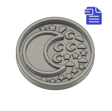 Load image into Gallery viewer, Moon Shaker with bits STL File - for 3D printing - FILE ONLY - with tray to make silicone molds - crescent moon, stars and cloud shaker bits