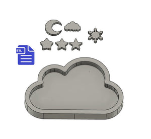 Cloud Shaker with bits STL File - for 3D printing - FILE ONLY - includes crescent moon, stars, cloud and snowflake shaker bits