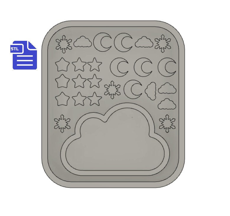 Cloud shaker with bits STL File - for 3D printing - FILE ONLY - with tray for silicone molds - stars, moon, cloud and snowflake shaker bits