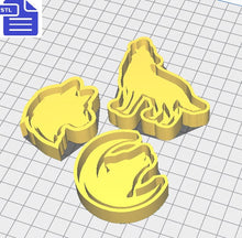 Load image into Gallery viewer, Wolf Mold Trays STL File - for 3D printing - FILE ONLY - with trays to make silicone molds - howling wolf, wolf head, crescent moon, wolves