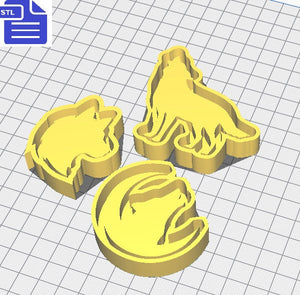 Wolf Mold Trays STL File - for 3D printing - FILE ONLY - with trays to make silicone molds - howling wolf, wolf head, crescent moon, wolves